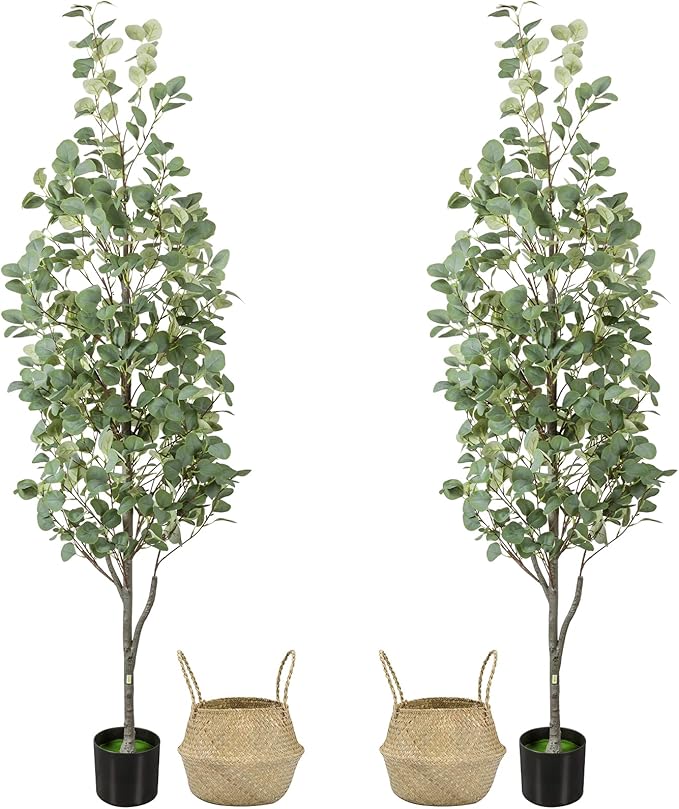 6FT Artificial Eucalyptus Tree with Wicker Basket & Black Pot, Indoor Green Faux Eucalyptus Trees, Fake Eucalyptus Plants with Lifelike Leaves & Natural Trunk for Home Office Bedroom, 2 Pack