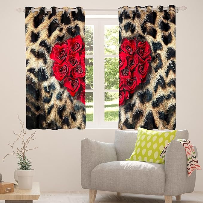 Cheetah Print Curtains & Drapes,Southwestern Leopard Fur African Big Cat Blackout Curtains,Jungle Tropical Animal Wildlife Window Treatments 2 Panels 42" Wx63 L,Romance Red Rose Window Curtains