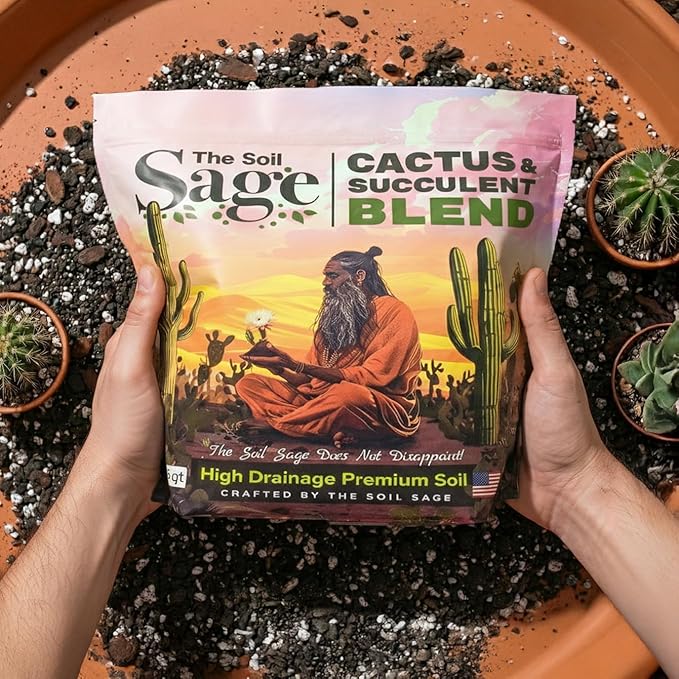 The Soil Sage 5 Dry Qt Cactus & Succulent Potting Soil Mix, USA Made - Gritty, Fast Draining, Soilless, Root Boosting, Peat-Free - Growth of Cactus, Succulents, Jade, Aloe Vera (5 Qt)