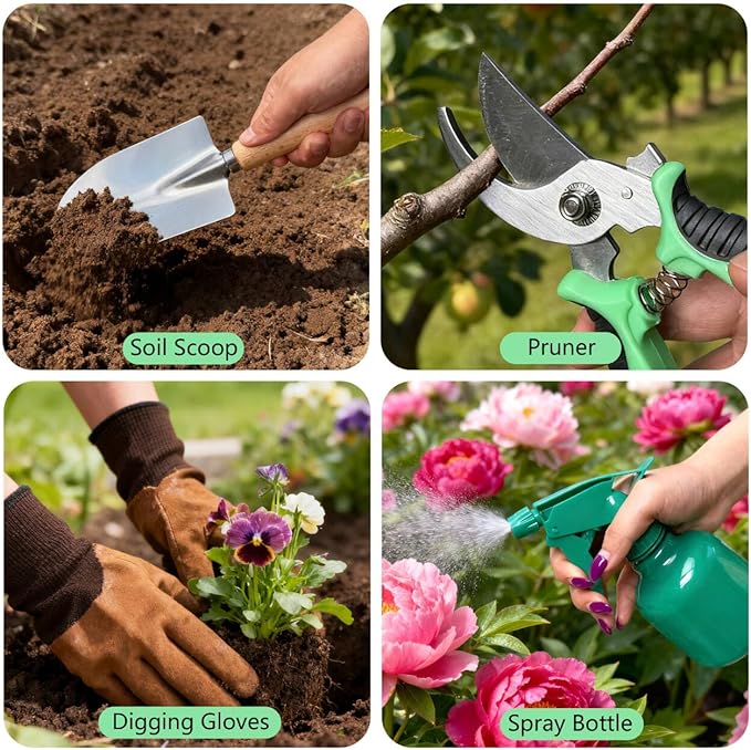 10-Piece Premium Gardening Tool Set—Includes A Moisture Meter, Heavy-Duty Rust-Resistant Stainless Steel Tools with A Storage Carry Bag. The Perfect Gardening Gift for Both Men and Women (Green)