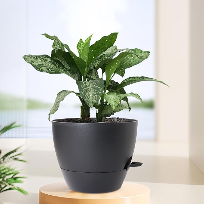 Meowell 12 inch Large Self Watering Pots for Indoor Outdoor Plants, Flower Plant Pots with Mesh Drainage Holes for Garden House, Plastic Planters with Reservoir for Home Decor, Black