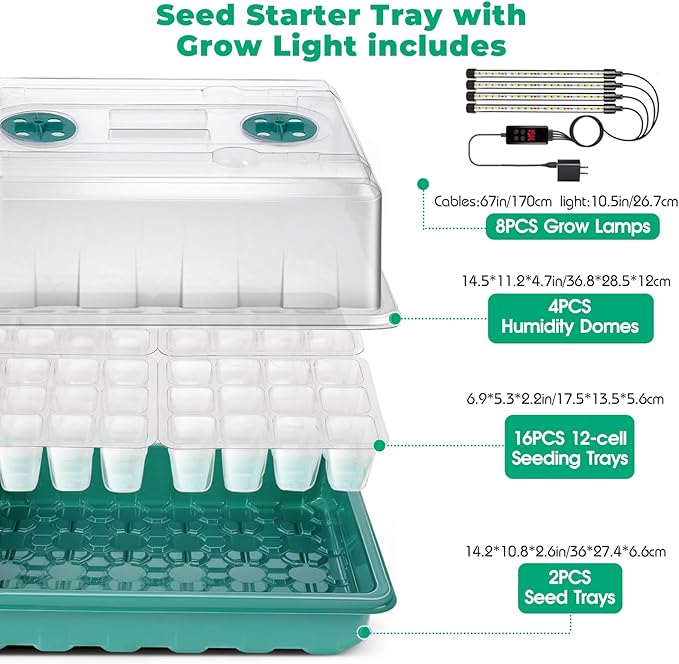 Seed Starter Tray with Grow Light, 192-Cell Seed Starter Kit, Seedling Starter Trays with Humidity Domes, Automatic Timer, Adjustable Light Indoor Gardening Plant Germination Trays