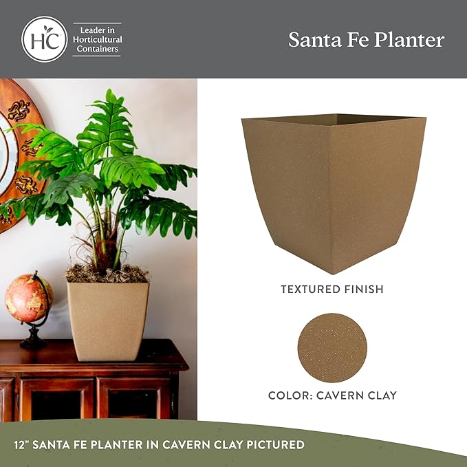 The HC Companies Santa Fe Square Self-Watering Pot - Lightweight Plastic Planter for Herbs & More - Durable Plant Pots for Indoor Plants & Outdoor Plants (12" Cavern Clay, Pack 2)