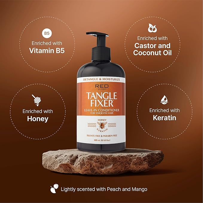 Red by Kiss Tangle Fixer with Honey & Keratin, Sulfate-Free Detangling Leave-in Conditoner for Shine & Frizz Protection, Mango & Peach Scent