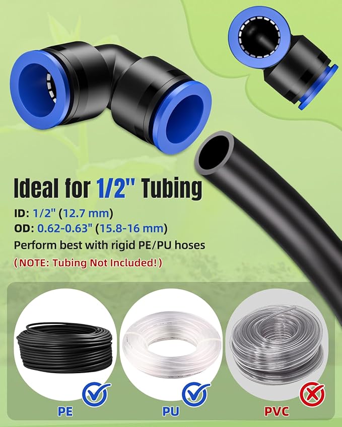 Pawfly 15 Pcs Quick Connect 1/2" Drip Irrigation Elbow Fittings for 1/2 Inch Irrigation Tubing (1/2" ID x 0.62-0.63" OD), Push-to-Fit 2-Way Elbows, 90 Degree Elbow Connectors, Drip Irrigation Parts