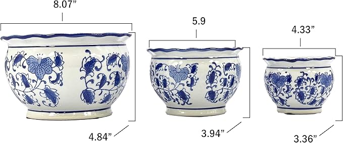 Galt International Blue & White Floral Porcelain Ceramic Decorative Compact Flower Pot 8"/6"/4.5" Diameter Garden Pots Chinese Asian Design - Set of 3 Round Pots