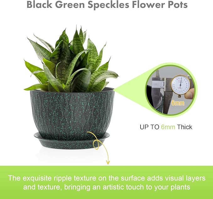Meowell 12/10/9 inch Large Plant Pots, 3 Pack Wide Flower Pots for Outdoor Indoor Plants, Water Ripples Plastic Planters with Drainage Holes and Saucers for Garden House, Black with Green Speckles