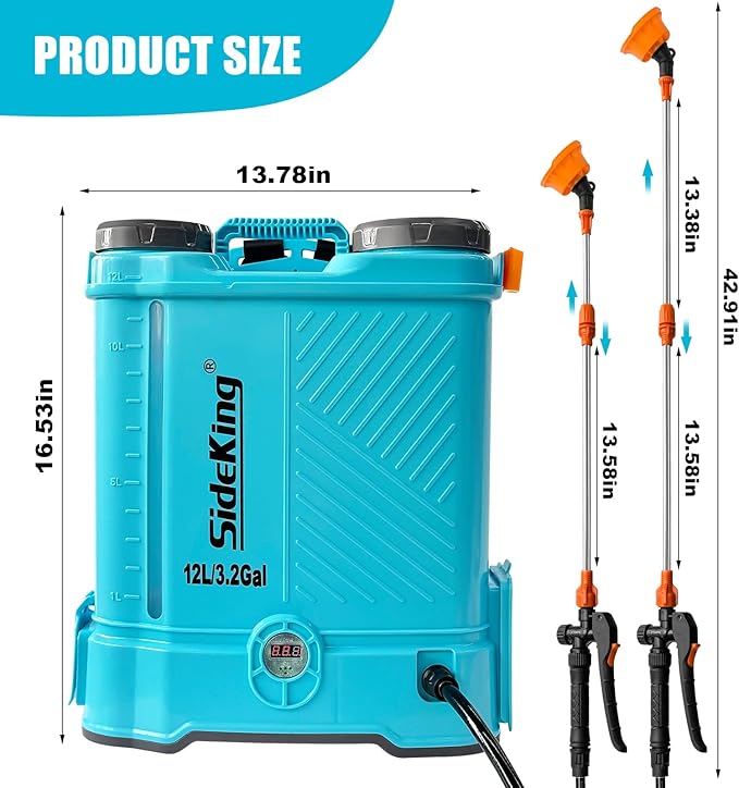 SideKing Battery Powered Backpack Sprayer 3.2 Gallon, 0-80 PSI Adjustable Pressure Sprayer Compatible with Makita 18V Battery, Electric Sprayer with Wand, 5 Nozzles, 2.0Ah Battery&Charger Included