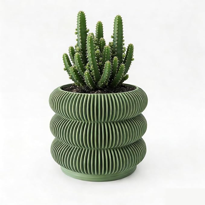 Fabix 4.7" 3D Printed Plant Pots - Unique Bubble Ring Modern Planters for Indoor Plants, Durableo-Friendly PLA Flower Pots with Drainage for Succulents, Cactus, Home Office Décor.(Military Green)