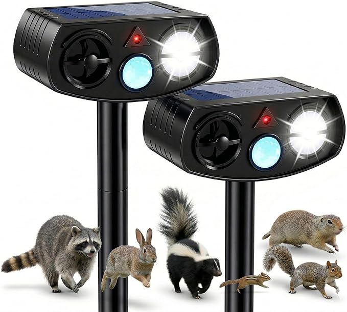 AWISH Solar Ultrasonic Animal Repeller Outdoor, Motion Sensor Waterproof Pest Deterrent, Raccoon Skunk Fox Squirrel Gopher Rabbit Dog Repellent for Yard Garden Farm, 40ft 120° Coverage, 2 Pack Black