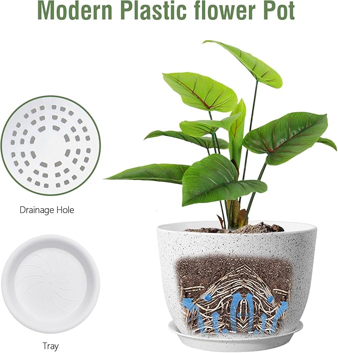 Meowell Plant Pots 12 inch, Plastic Planters with Drainage Holes and Saucers, Large Flower Pots for Indoor Outdoor Plants, Modern Decorative Pots for Garden House Plants, Speckled White