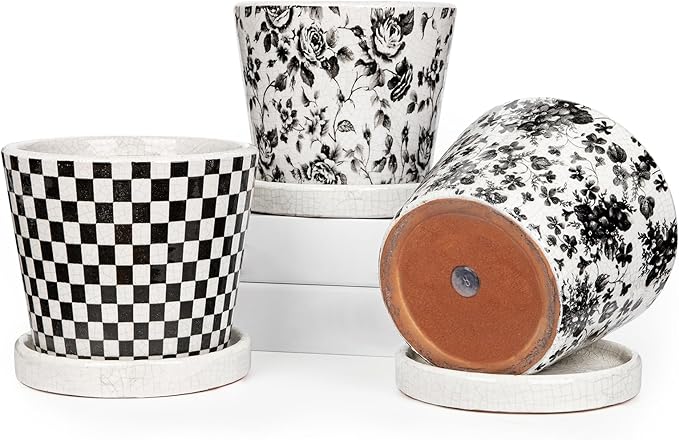 Set of 3 Black Plant Pots, Small Flower Pots Round Planter Pot with Drainage Hole and Saucers Modern Ceramic Planters for Indoor Plants Succulents Cactus Orchid Garden 5.5 Inch Outdoor Plant Pot