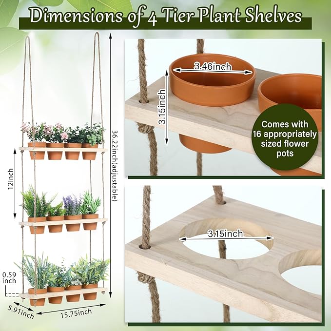 FillTouch 3 Tiered Hanging Herb Planters Hanging Herb Garden Wall with 12 Pcs Nursery Pot Wood Vertical Window Plant Shelf with Holes and Rope Plastic Flower Pots Spring Garden Indoor Kitchen