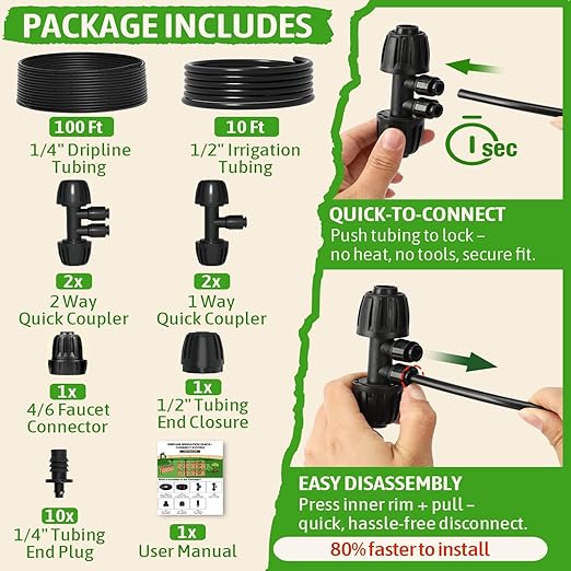 MIXC 1/4" Irrigation Dripline Tubing (100 Ft Roll) with 10Ft 1/2" Main Line, Saving 80% Water, 6" Emitter Spacing, 0.5 GPH Emitters Built-in Drip Irrigation Line with 1/4" Push-to-Connect Fittings