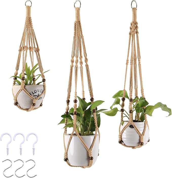 3-Pack Macrame Plant Hanger Indoor - Hanging Planter Basket for Indoor Outdoor - Decorative Boho Plant Holders Set with Beads - Ceiling Flower Pot Holder with 6 Hooks - 35"/30"/24" Linen