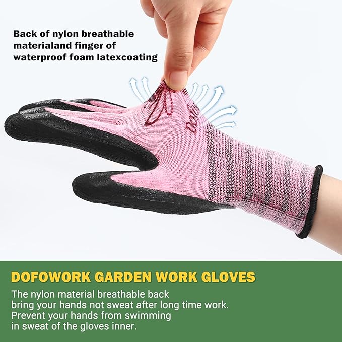 DOFOWORK Gardening Gloves - 6 Pair Gardening Gloves for Women/Men, Breathable Natural Latex Garden Gloves with Grip