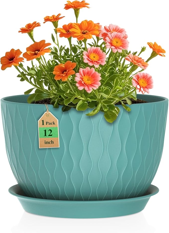 WSMKSZ 12 Inch Large Plant Pots for Indoor or Outdoor Plants, Wide Water Ripples Flower Pots with Drainage Holes & Saucer, Plastic Planters Set for Garden & Home Decor (Blue Green)