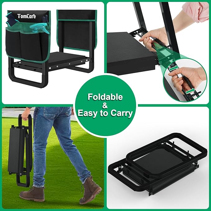 TomCare Garden Kneeler and Seat 11.14” Wider Larger Soft Kneeling Pad Garden Bench with 2 Large Tools Pouches Heavy Duty Foldable Garden Stool Gardening Gifts for Women Men Gardeners Seniors, Black