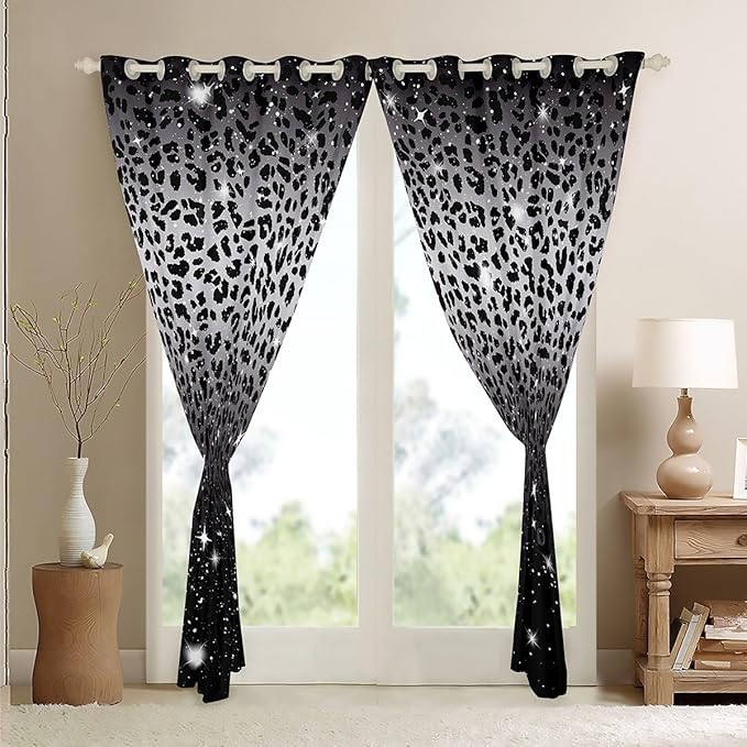 Cheetah Skin Blackout Curtains,Grey Black Leopard Print African Big Cat Curtains & Drapes,Sparkle Star Galaxy Glitter Window Treatments 2 Panels 42" Wx63 L,Wild Woodland Animals Window Curtains