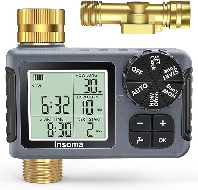 Water Timer for Garden Hose with 100% Metal Pipe, Programmable Sprinkler Controller for Garden Faucet with Auto/Manual/Rain Delay Mode, Irrigation Timers for Lawn, Yard, Outdoor Plants