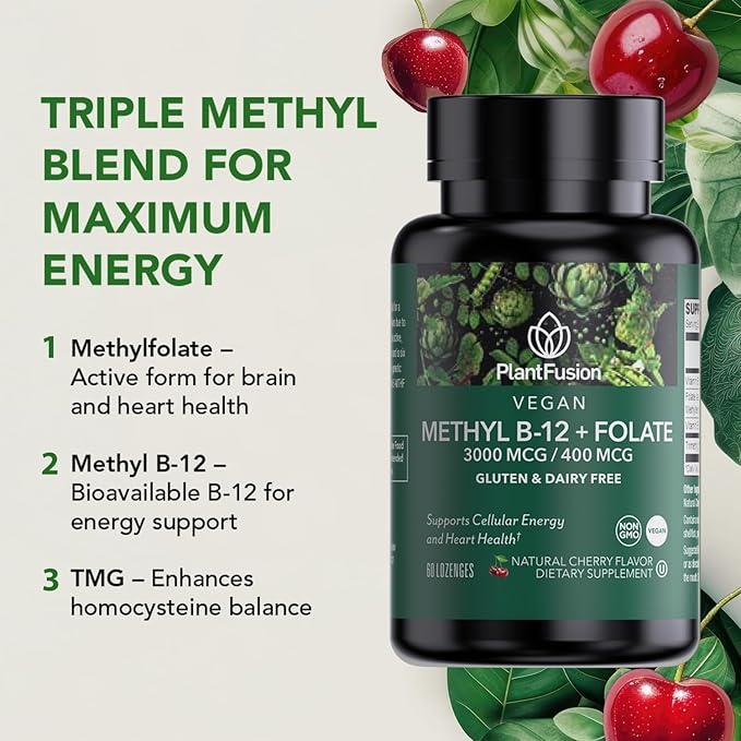 PlantFusion Vegan B12 Methyl 3000 mcg + Folate 400mcg - Sublingual Vitamins - Supports Energy, Heart Health, Nervous System - Cherry Flavor, 60 High Potency Lozenges for Fast Absorption