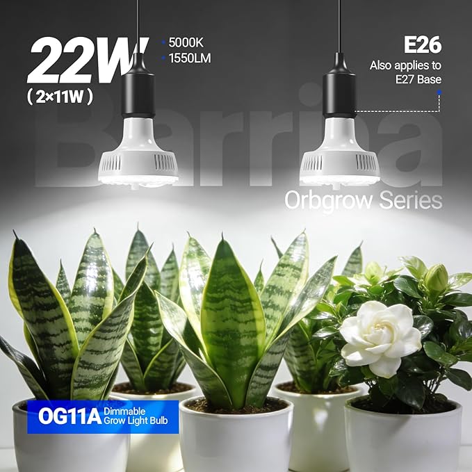 Barrina Orbgrow OG11A Grow Light Bulbs for Indoor Plants, Integrated Dimming & Timing, 5000K 22W(2 x 11W, 200 Watt Equiv), E26 Plant Light Bulb, Full Spectrum for Seeds and Greens, 2 Packs, White
