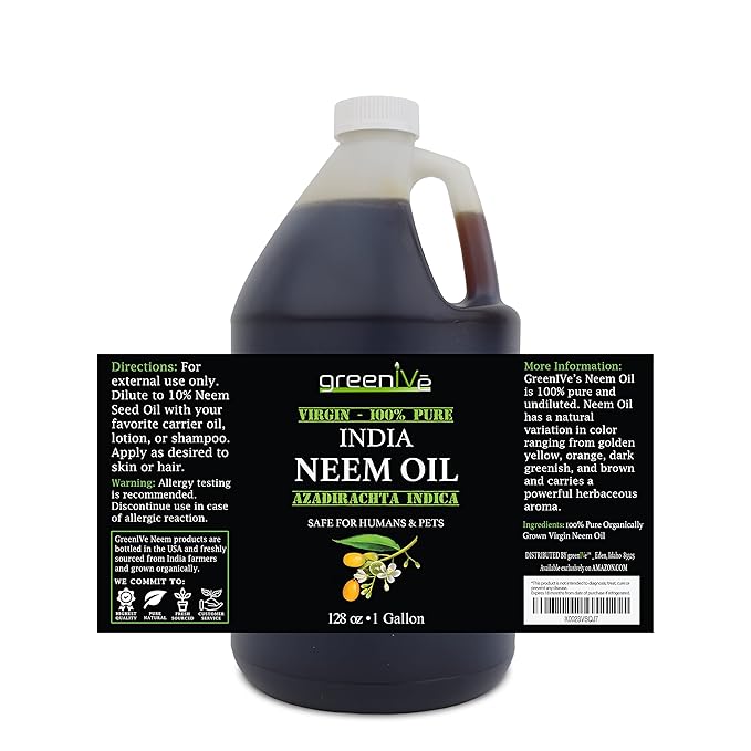 GreenIVe 100% Pure Neem Oil Bulk Size Cold Pressed Virgin Unrefined Hexane Free Natural Plant Based Non-GMO Hair & Skin Care - Nail Cuticle, Pet, Plant Care Gallon Bulk 128 fl oz 1 Gallon