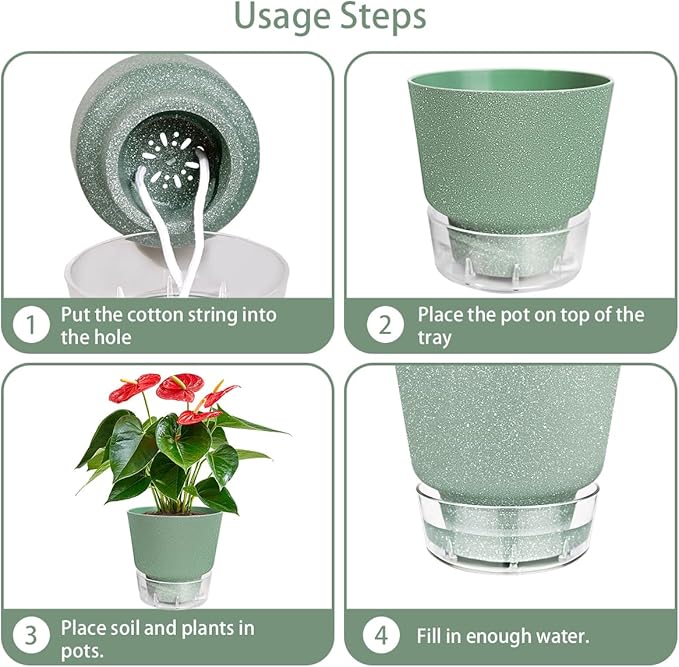 Green Self Watering Plant Pots - 6" Planters for Indoor Plants - Pack of 5 Flower Pots - Plant Pots with Drainage Hole and Tray Saucer (Frosted Dark Green)