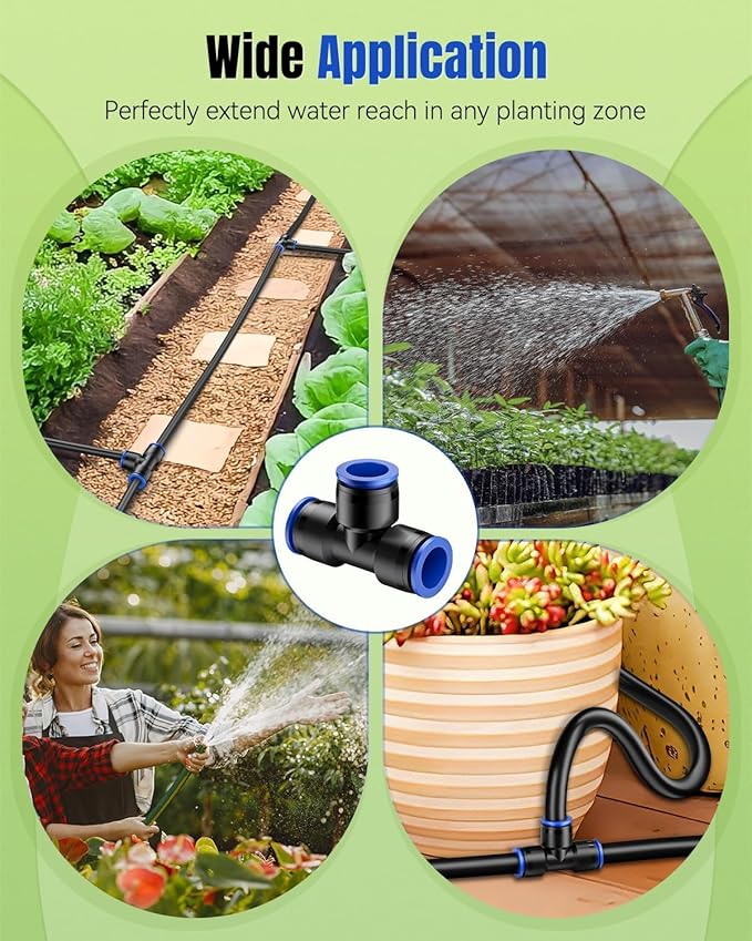 Pawfly 15 Pcs Quick Connect 1/2" Drip Irrigation Tee Fittings for 1/2 Inch Irrigation Tubing (1/2" ID x 0.62-0.63" OD), Push-to-Fit 3-Way Tee Connectors, Anti-Leak Drip Irrigation Parts