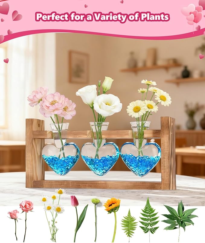 Nacome Plant Terrarium Propagation Stations: Mothers Day Gifts for Mom Plant Lovers Women Wife Daughter - 3 Bulb Glass Vase with Wooden Stand Tabletop for Hydroponics Home Garden Wall Decor
