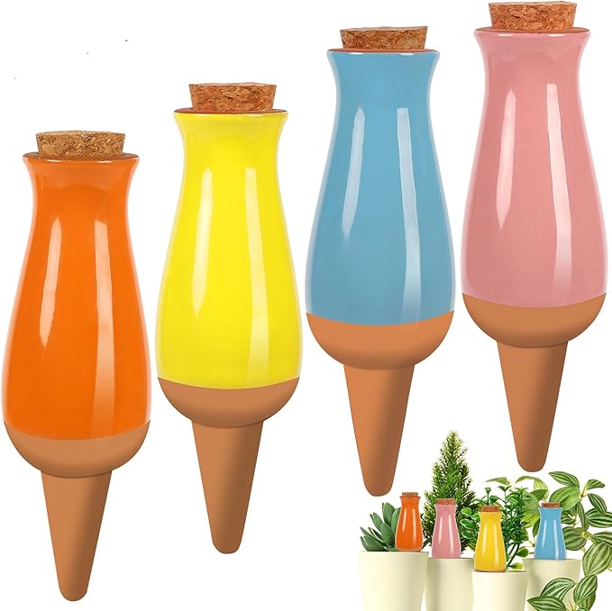 4 Pack Terracotta Plant Watering Globes, 12Oz Ollas Self Watering Pots for Indoor Outdoor Plants, Automatic Plant Drip Irrigation Device, Clay Planter Insert, Up to 1 Week, for Vacations Potted Plant