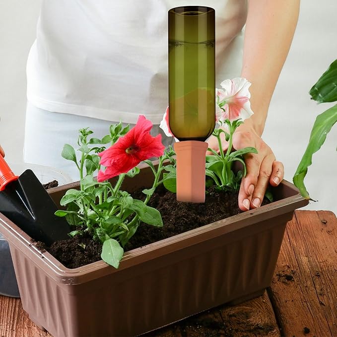 SiliFine 6 Sets Plant Watering Devices Include Terracotta Self Watering Spikes and 26 oz Plastic Bottles, Slow Release Vacation Insert Automatic Plant Waterer Device (Emerald Green and Terracotta)