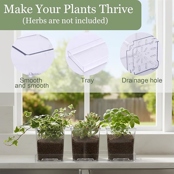 Indoor Herb Garden Kit, Herb Planter Set with Tray, Set of 3 Acrylic Garden Pots, Window Sill Plant Shelf with Drainage Holes and Labels & Marker Pen, Rosemary Plant Pots