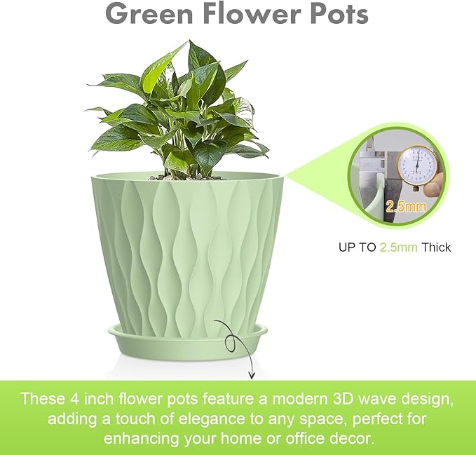 Meowell 4 inch Small Plastic Nursery Pots, 5 Pack Water Ripples Plant Pots for Indoor Plants, Flower Pots with Drainage Holes and Saucers, Seeding Starter Planters for Decorative, Green