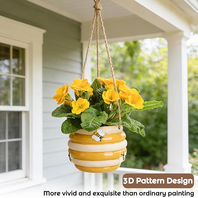 Hanging Ceramic Planter 5 Inch Cute Bee Plant Pots Indoor Outdoor Yellow Planter Flower Pot Succulent Plant Pot Ceramic Mid-Century