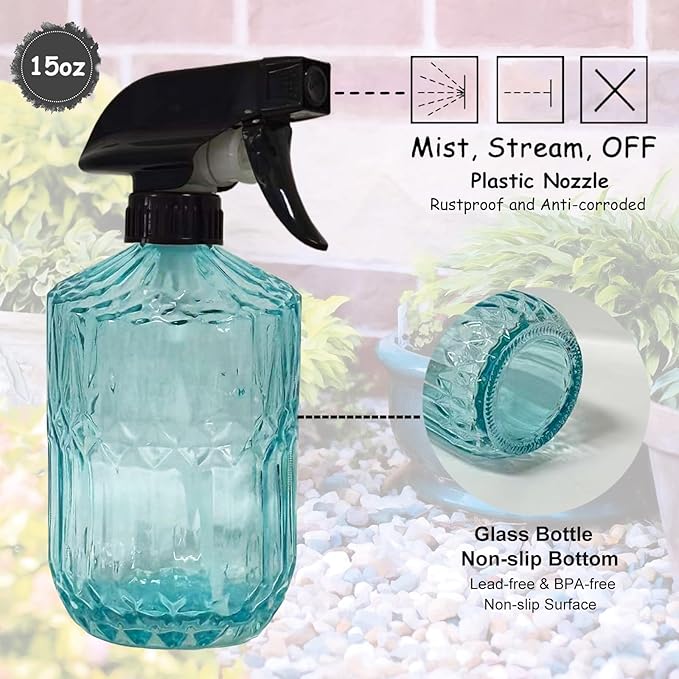 YYTSGG Glass Plant Mister Bottle, 15oz Refillable Water Spray Bottle with Adjustable Mist Nozzle for Indoor Flowers, Outdoor Gardening, Cleaning, Hair and Pets Care (Blue)