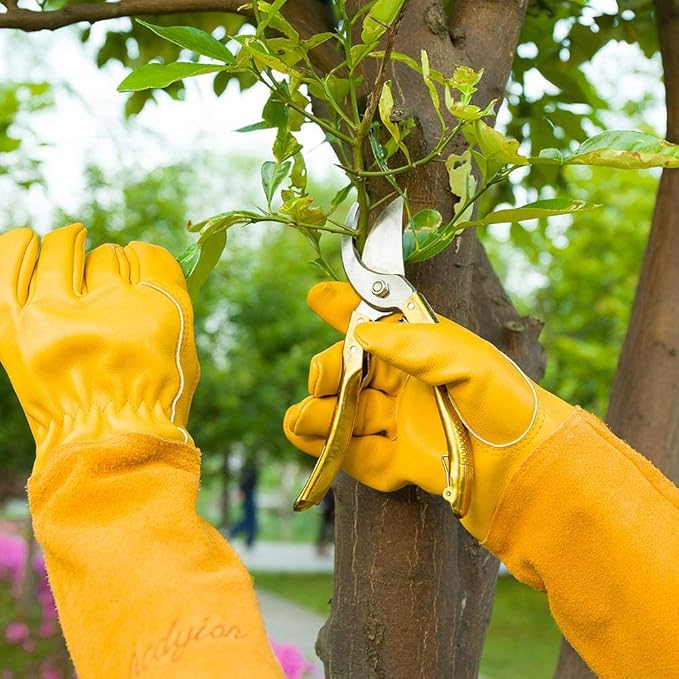 Acdyion Thorn Proof Gardening Gloves for Men & Women, Long Cowhide Leather Rose Pruning Gloves with Forearm Protection, Puncture Resistant Gauntlets for Cacti, Blackberries & Yard Work(yellow,Medium)