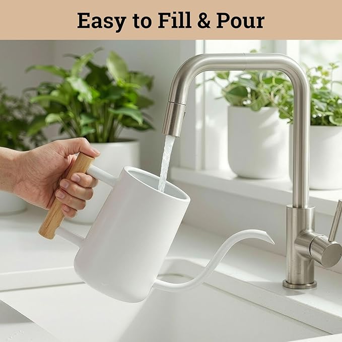 35 oz Metal Small Indoor Watering Can with Long Spout & Real Wood Handle for House Plants, Succulents, Cacti & Seedlings - White Long Spout Watering Can Indoor Plants - Stylish, Gentle Flow, No Spills