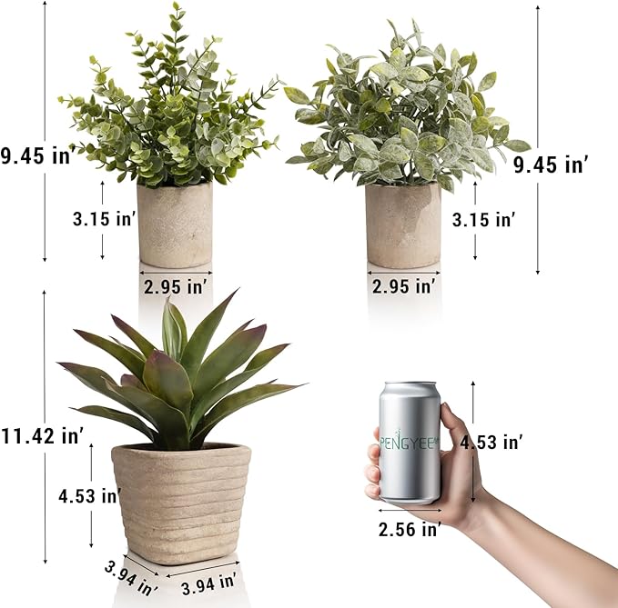 3 Pack Small Fake Plants in Farmhouse Pulp Pot for Home Decor, Artificial Agave Plants Indoor, Small Faux Plants Indoor for Bathroom Bedroom Shelf Desk Office Table Kitchen Room Greenery Decor