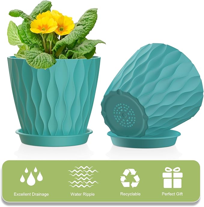 UOUZ 12 Pack 4 Inch Small Plant Pots with Saucers, Waffle Texture Plastic Planters with Drainage Holes for Indoor and Outdoor Plants, Flowers, Herbs, Succulents, and Seedlings, Blue