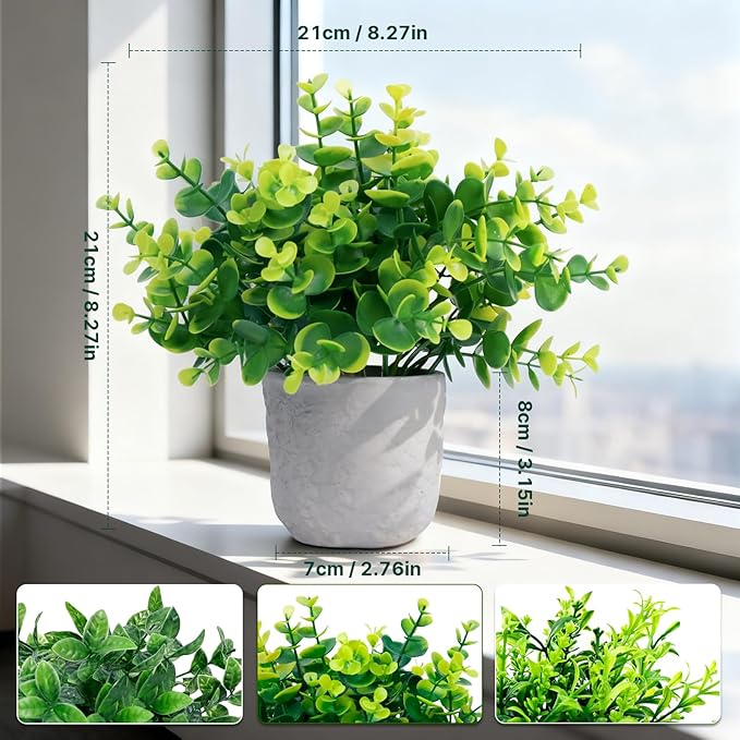 3-Pack Potted Artificial Plants, Small Eucalyptus Faux Plants for Shelf Desk Home Bathroom Farmhouse Room Coffee Table Decor (Green)