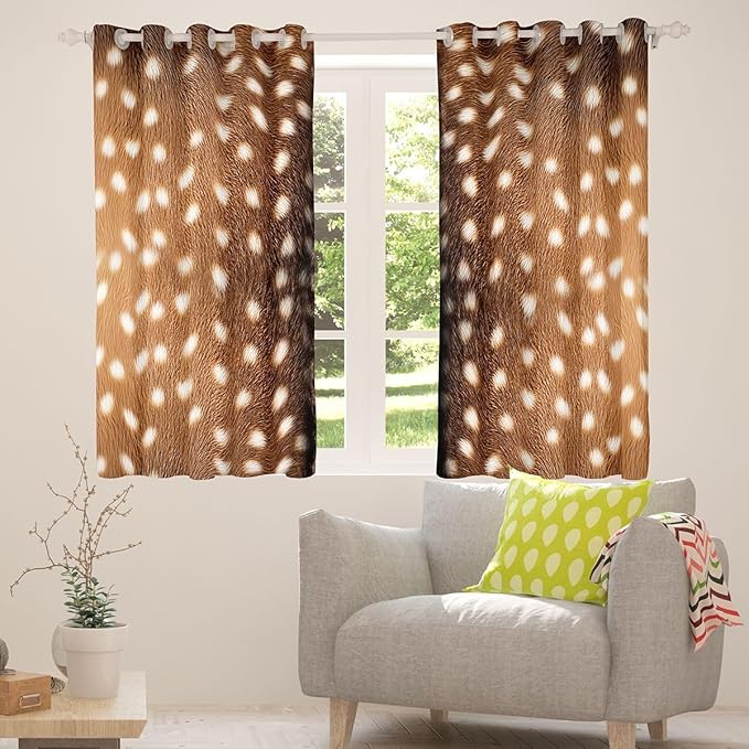 Brown Reindeer Fur Curtains & Drapes,Elk Deer Hide Window Treatments 2 Panels 42"Wx84"L,Woodland Rustic Animal Print Curtains,Jungle Wild Animals Skin Wildlife Hunting Theme Window Curtains