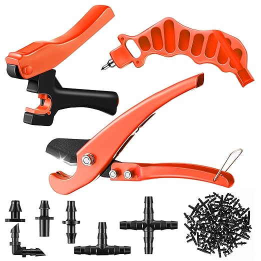 Feekoon Drip Irrigation Punch Hole Tubing Cutter Tools with Barbed Connectors, 2-in-1 Drip Tubing Hole Punch for 1/4 Inch Fitting 16 20 25 mm PE Pipe and Emitter (Orange,115 Irrigation Plugs)