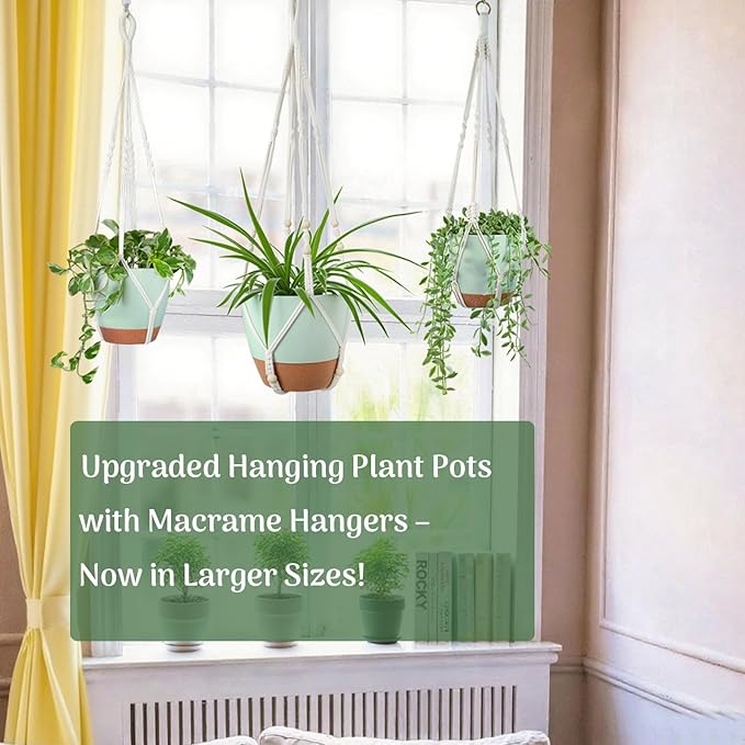 Bouqlife Larege Hanging Planters with Macrame Plant Hangers for Indoor Outdoor Plants 3 Set 10" / 8" / 7" Self Watering Pots Hanging Baskets Flower Pot Holders 3 Different Size Green Large