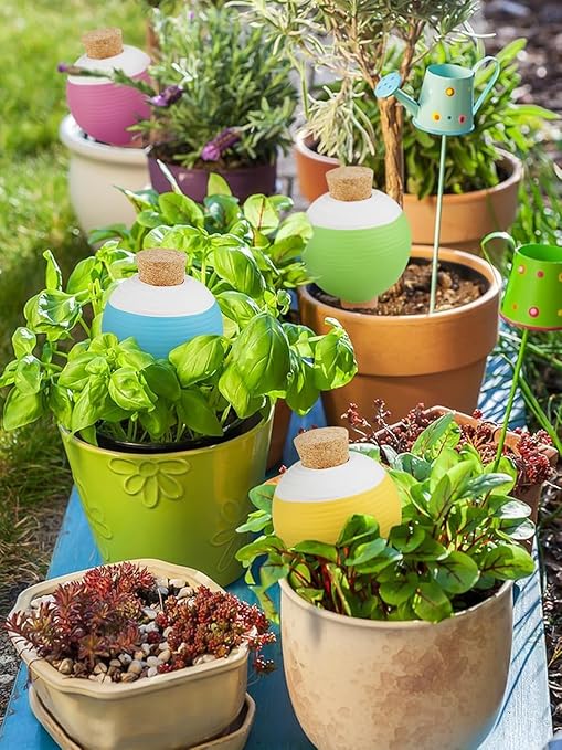 Plant Watering Globes Set of 4, Large Terracotta Automatic Watering Stake Devices with Wooden Stopper for Pots, Planters, Indoor, Outdoor