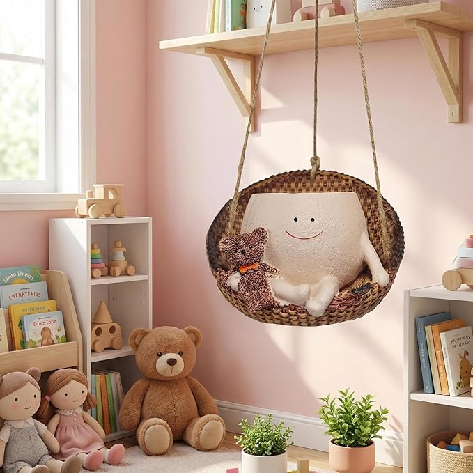 TEARS OF GAIA Hanging Planters for Indoor Plants, Smiley Face Planter Pot Cute Resin Flower Head Planters with Drainage, for Mom, Funny Succulent Plant Lover Gift for Plant Lovers (Teddy Bear)