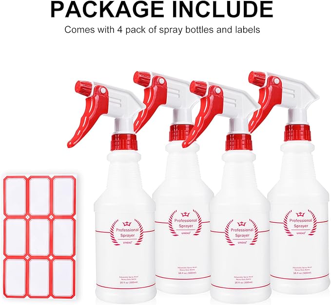 Uineko Plastic Spray Bottle (4 Pack, 16 Oz, All-Purpose) Heavy Duty Spraying Bottles Leak Proof Mist Empty Water Bottle for Cleaning Solution Planting Pet with Adjustable Nozzle and Measurements