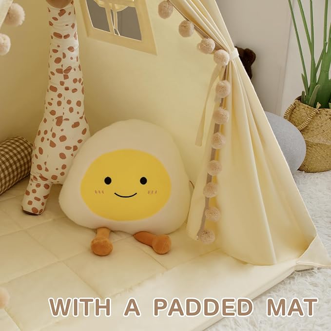 WIRHAO Teepee Tent for Kids with Padded Mat Cotton Canvas Kids Teepee with Pompom for Toddlers Indoor Play Tent for Girls Boys with Stars Lights, Carry Bag, Banner Flag (Cream)