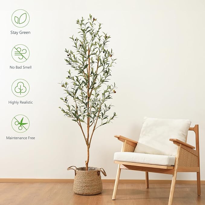 Kazeila Artificial Olive Tree 6FT Tall Faux Silk Plant for Home Office Decor Indoor Fake Potted Tree with Natural Wood Trunk and Lifelike Fruits, 2 Pack