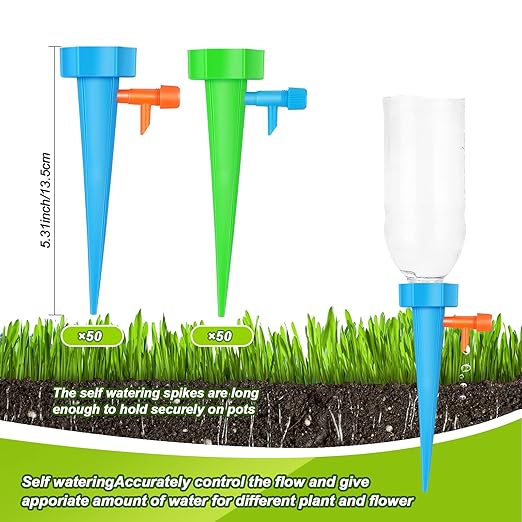 100 Pcs Self Watering Spikes Adjustable Plant Watering Spikes Automatic Plant Waterer Auto Drippers Irrigation Devices with Slow Release Control Valve Switch for Indoor Outdoor Garden Houseplant